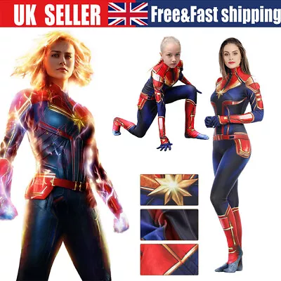 UK Captain Marvel Cosplay Kids Adult Costume Lycra Jumpsuit Party Fancy Bodysuit • £7.49