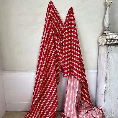 PER YARD GORGEOUS Red Ecru Linen Ticking French Fabric Material Striped Cloth 1 • £90.72