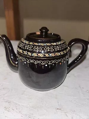 Vintage Gibson And Sons Black Teapot Hand Painted England Gold Accents Ornate 4” • $15
