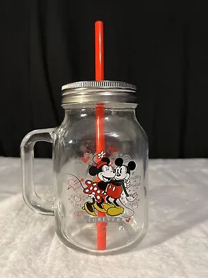 NEW Disney's Mickey And Minnie Mouse Glass Mug With Lid & Straw (Mason Jar) • $24.95