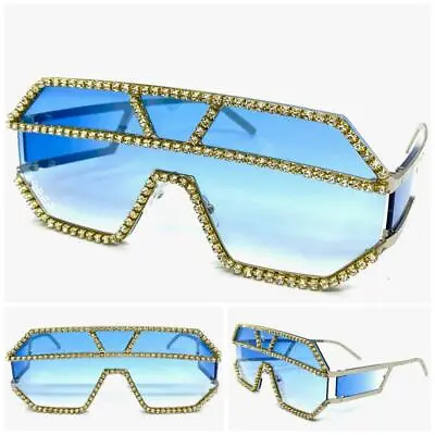 Oversize Modern Retro Shield Bling SUNGLASSES Silver Frame Blue Lens Rhinestones • $16.99