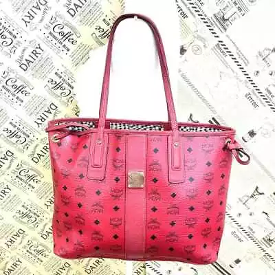 MCM Tote Shoulder Bag A4 Logo All Over Leather Red Women's USED FROM JAPAN • $266