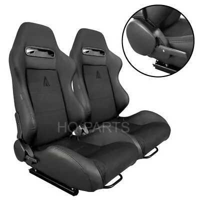 2x Tanaka Black Pvc Leather & Black Suede Racing Seats Reclinable For Mitsubishi • $319.99