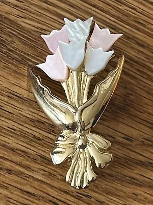 Brooch Mother Of Pearl Tulip Bouqutte Vintage Pin Pink And White Mother Of Pearl • $26.79