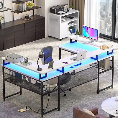 U- Shaped Gaming Desk Computer Desk With LED Light 130 Inch 2 Person Long Table • $259.99