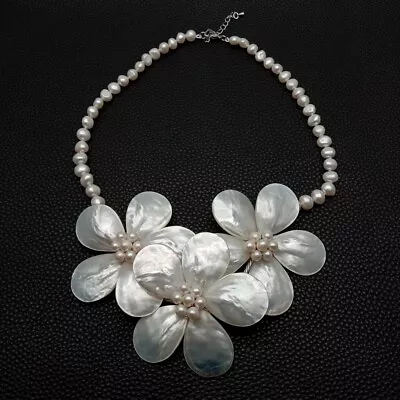 Cultured White Fancy Pearl White Shell Flower Statement Necklace 19  • $26.60