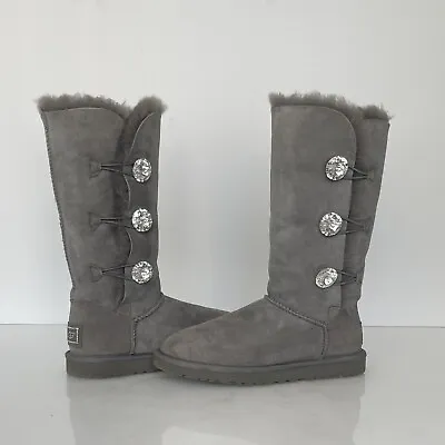 Ugg Bailey Button Swarovski Triplet Bling Charcoal Gray Boots Women Size 7 • $185