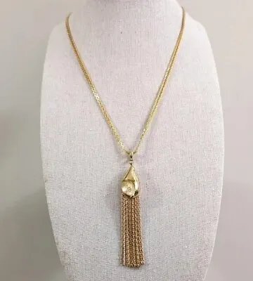 Monet Signed Gold Toned Tassel Tear Drop Double Strand Gold Toned Long Necklace • $34.99