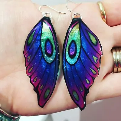 Large Blue Butterfly Wing Earrings Rainbow Sparkly Fairy Jewellery Unique Gift • $28