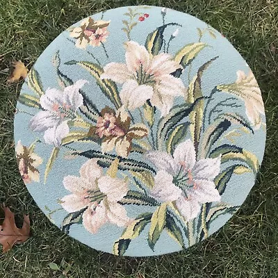 Beautiful Needlepoint Of Lilies On A Cottage Style Sturdy Solid Wood Footstool • $50