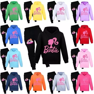 Girls Barbie The Movie Print Casual Hoodie Tracksuit Set Hooded Top Pants Suits • £18.99