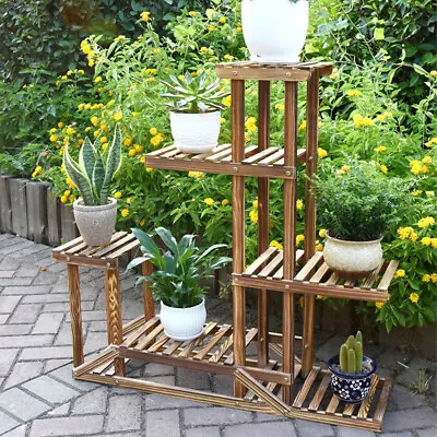 5 Ladders Flower Plant Pots Shelf Stand Display Garden Rattan Rack Natural Wood • £23.98