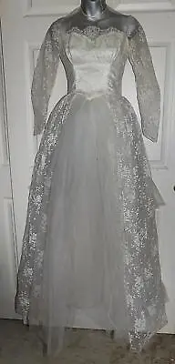 Vintage 50s Satin Lace & Net Wedding Dress Gown B34 • $75