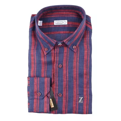 Zilli Tailored-Fit Navy Striped Extrafine Linen Shirt With Emblem 15.5 (Eu 39) • $349