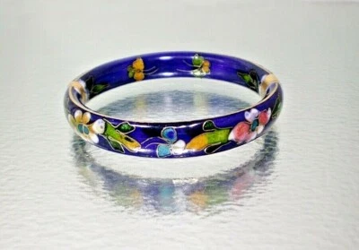 $25 • Buy  Vintage Bracelet Cloisonne Hinged Colbalt Blue Multi Colored Lotus Flowers 