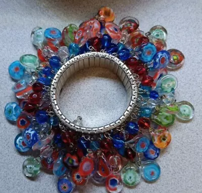 Vtg Murano ? Millefiori Venetian Glass Expansion Bracelet Blue Beaded Cha Cha • $29.99