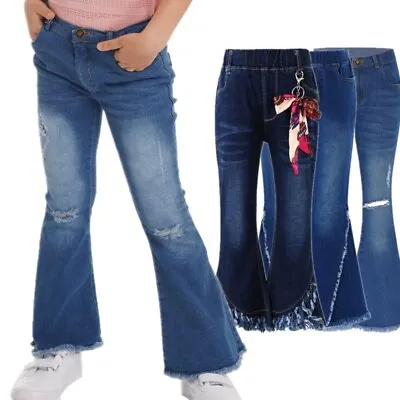 $6.57 • Buy Kids Girl Denim Jeans Bell Bottoms Ruffle Tassel Hem Flare Pants Trousers