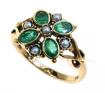 9ct 9k Solid Gold Art Deco Vintage Emerald & Pearl Flower Ring R392 Custom • $443.64