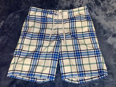 Merona Swimming Trunks Lined Shorts White Blue And Green Plaid Mens Large • $15