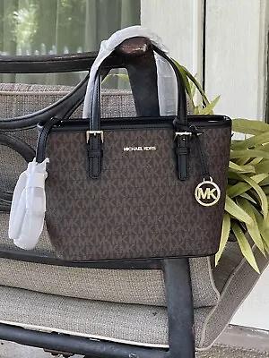 Michael Kors Jet Set Travel Xs Zip Crossbody Tote Bag Mk Brown Signature Black • $103.99