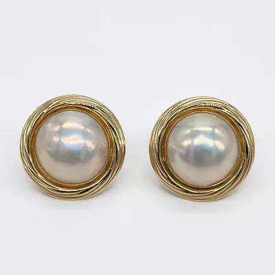 Vintage 14K Yellow Gold Round Mabe Pearl Earrings Signed JE • $295