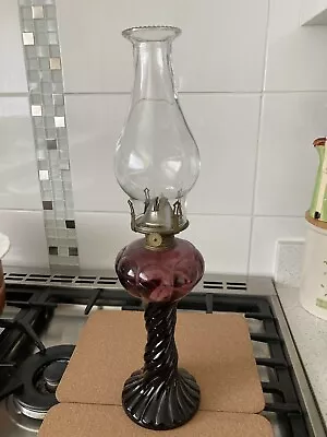 Vintage Original Aubergine Coloured Glass Spiral Oil Lamp 45.5cm High • £19.99