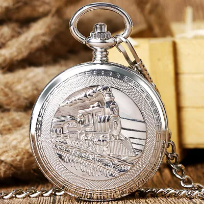Men's Steam Train Hand Wind Mechanical Pocket Watch With Chain Double Hunter • £21.54