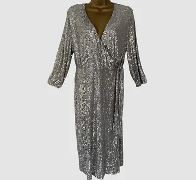 Gorgeous Silver Sequin Long Midi  Dress Size 14 Wrap Style Party Holiday Cruise • £29.99