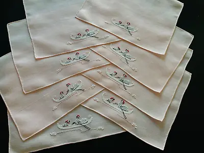 Madeira Vintage Hand Embroidered Cocktail Napkins Pink Set Of 8 Hen Chick Boat • $96