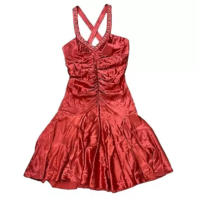 Betsey Johnson Evening Vintage Mini Dress Size 6 Coral Silk Ruched Embellished • $69.40