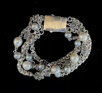 MICHAEL DAWKINS STUNNING STERLING SILVER & PEARL 4 STRAND 8  BRACELET 80 Grams • $99.99