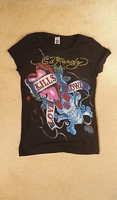 ED HARDY By Christian Audigier Ladies Top Black Skull SIZE L Love Kills Slowly  • $31.09