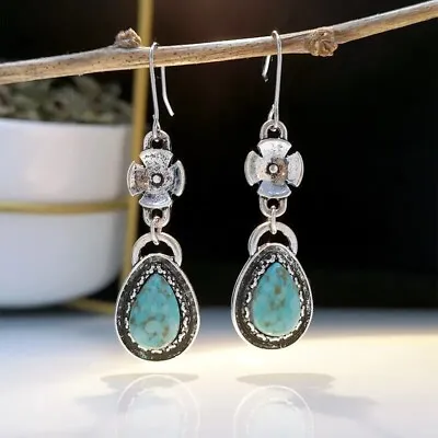 Silver Turquoise Teardrop Flower Earring Classic Design-Silver Handmade Earing • £13.99