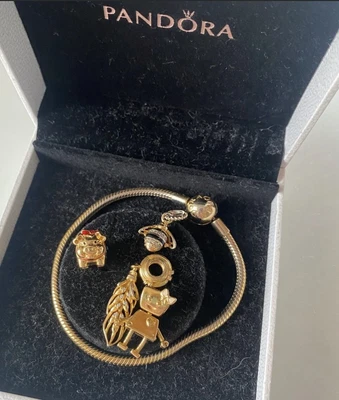 $289 • Buy  Pandora  24k Gold Plated Snake Charm Bracelet With 4 X Charms