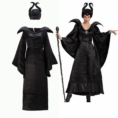 Women Lady Maleficent Witch Evil Queen Cosplay Costume Fancy Dress Halloween NEW • £23.99