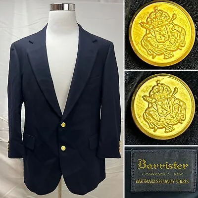 Men's Vintage Barrister Navy Blue 100% Wool Gold 2-Button 42 Blazer Jacket Coat • $75