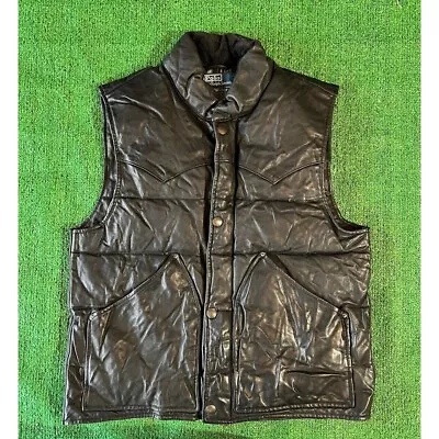 Vintage 80s 90s Polo Ralph Lauren Leather Black Goose Down Vest Size Medium • $249