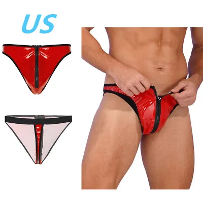 US Men Patent Leather Zipper Briefs Bulge Pouch G-string Latex Thongs Underwear  • $8.49