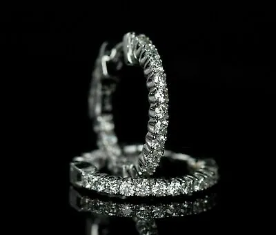 $159 • Buy 14K White Gold Fn Small Round Diamond Huggie Inside Out Hoop Earrings 2.40ctw