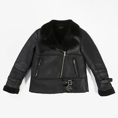 Missguided Faux Shearling Aviator Jacket Black Fur Mock Leather Women’s UK 6 • £17