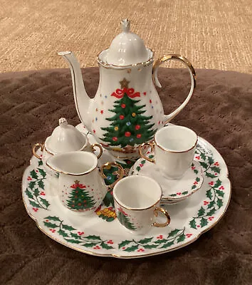 10 Piece Bone China Miniature Christmas Tea Set   Unmarked • $17.99