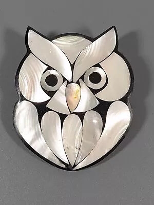 Vintage Wise Owl Bird Abalone MOP Mother Of Pearl Shell Inlay Brooch Pin • $27.99