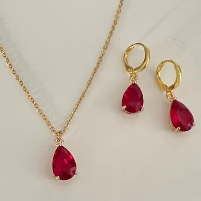 Lab Created Red Ruby 3Ct Pear Cut Women's Jewelry Set 14K Yellow Gold Plated • $157.49