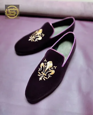 Pure Handmade Purple Velvet Moccasin Slip On Embroidered Gentlemen Dress Shoe • $199.99