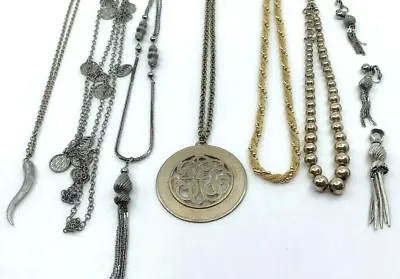 Vintage Necklaces Lot 7 Pendant Bull Horn Tassels Braided Metal Bead *Wearable*  • $13.59