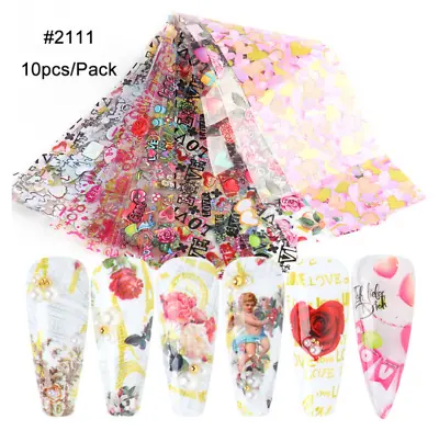10Pcs 20X4cm Rose Flower Love Valentine Day Nail Foil Transfer Stickers 2111 • $2.95