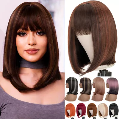12  Natural Straight Short Bob Wigs Synthetic Hair Wig Bangs Women Cosplay Party • $17.45