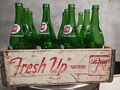 Vintage 1956 Wooden 7 -up Case Coming  With 12 Of 28oz 1960s & 70s Bottles • $200