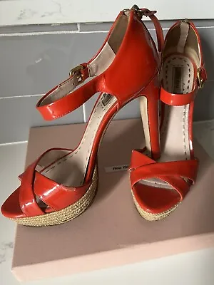 Miu Miu Red Patent Leather Espadrille Platform High Heel Ankle Strap Sandals 40 • $39