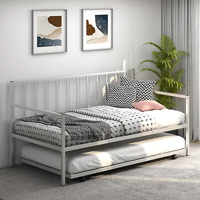 Twin Size Metal Daybed Space-Saving Sofa Bed & Roll Out Trundle Set With Casters • $159.49